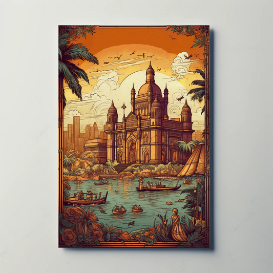 India Mumbai Gateway Boats Palms Market Sunset Travel Poster