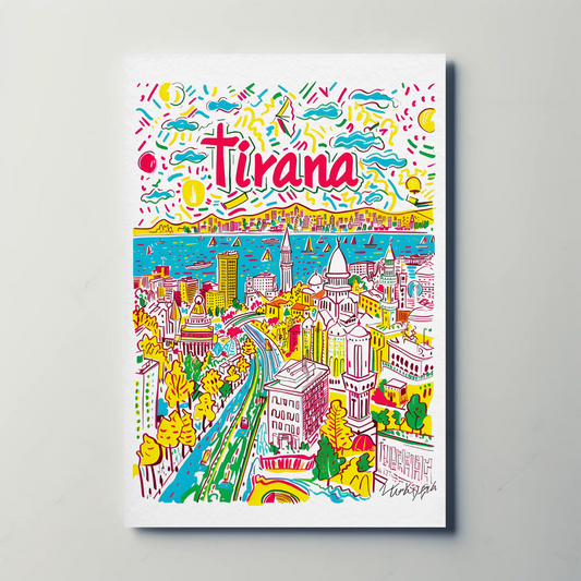 Tirana Albania Colorful Cityscape and Boulevard Travel Poster