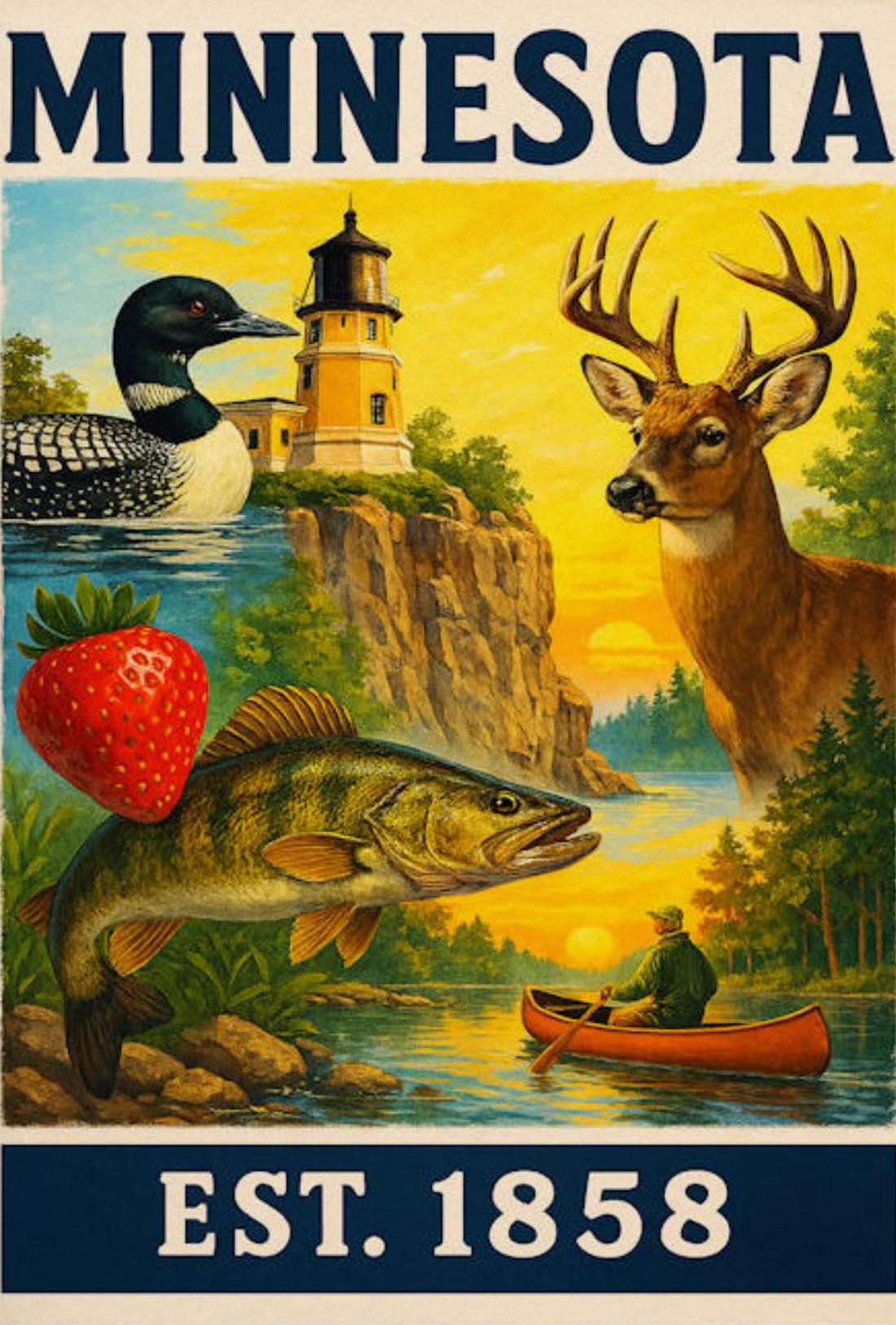 Minnesota Wildlife Canoe Sunset Scene Vintage Travel Poster