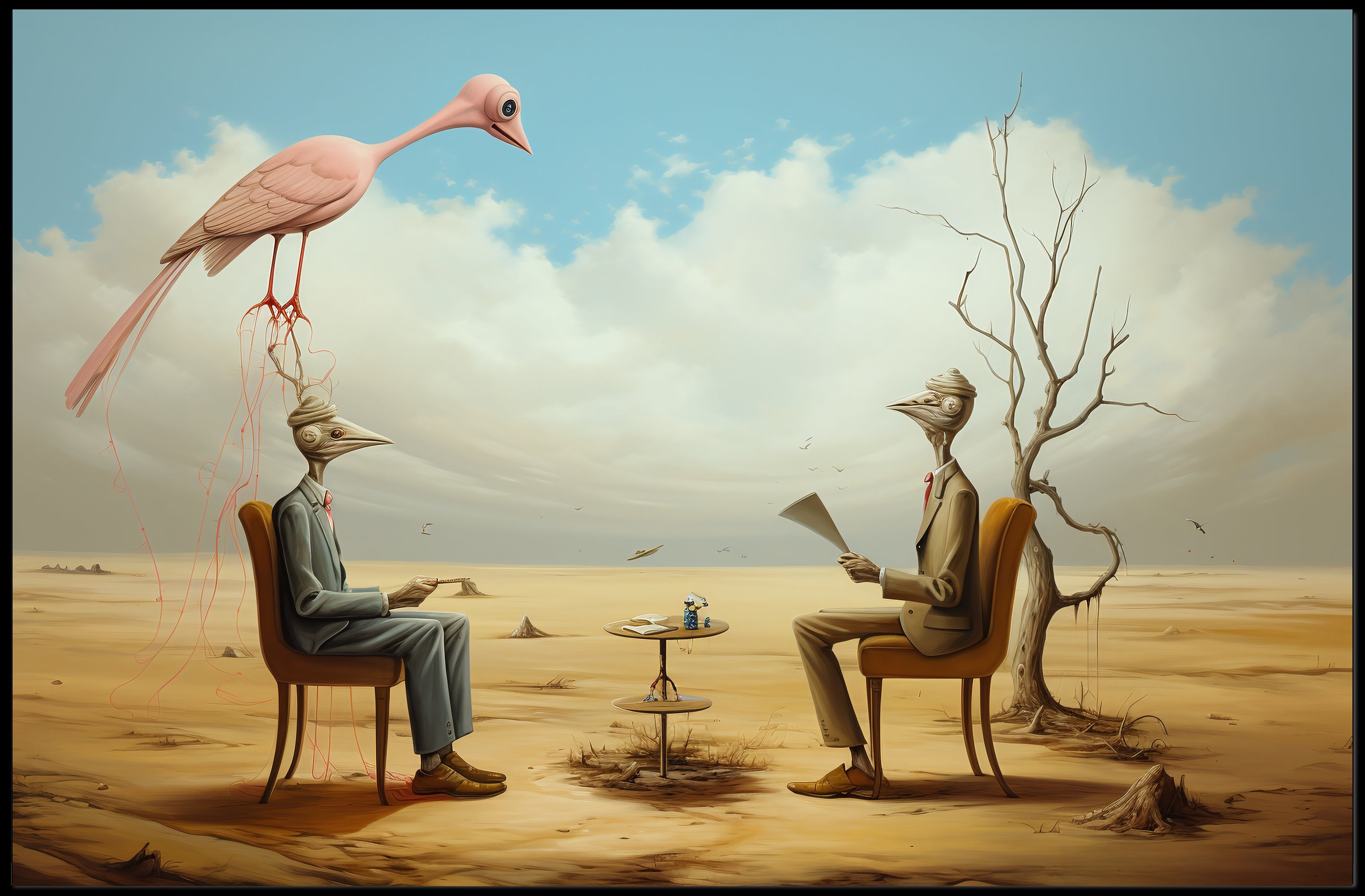 Surreal Bird-Headed Figures Formal Meeting Artistic Poster
