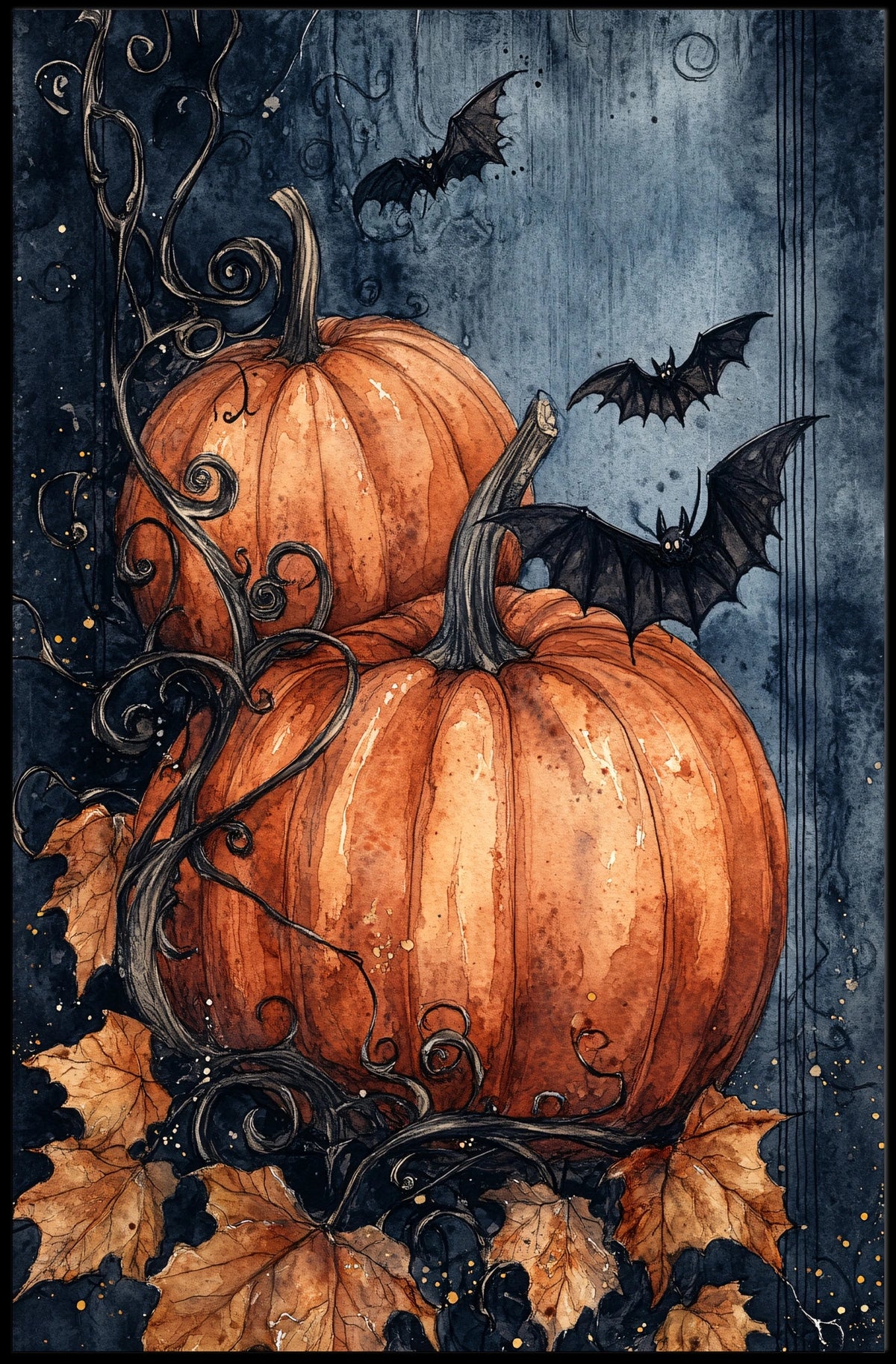 Stylized Halloween Pumpkins with Bats Decorative Art Poster