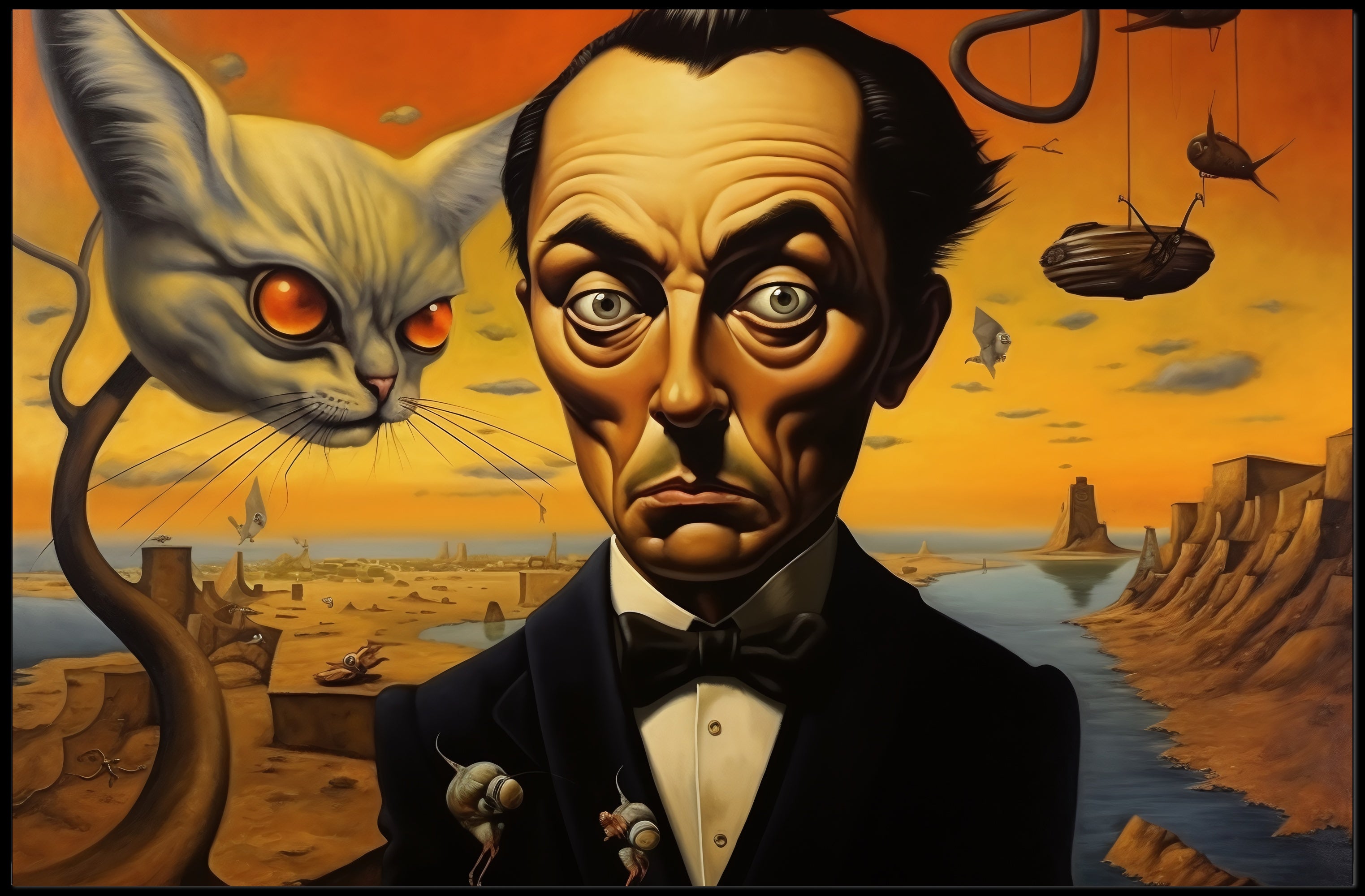 Surreal Cat and Tuxedo Man Artistic Poster