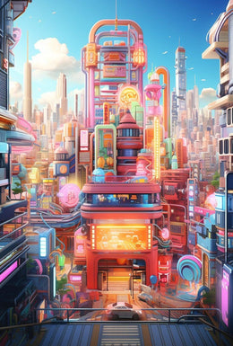 Futuristic Tech Cityscape Vibrant Urban Life Sci-Fi Poster