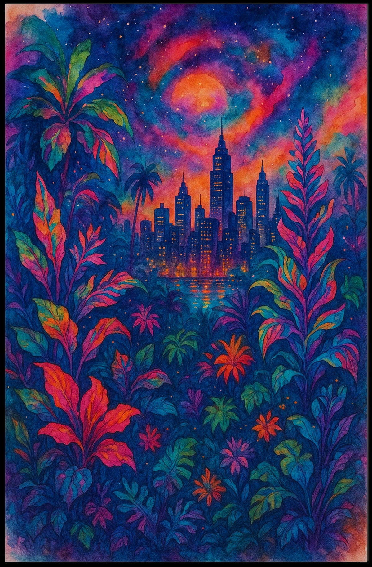 Cityscape In Vibrant Jungle Poster