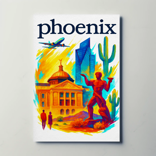 Phoenix Capitol Cactus Statue Airplane Desert Vintage Travel Poster