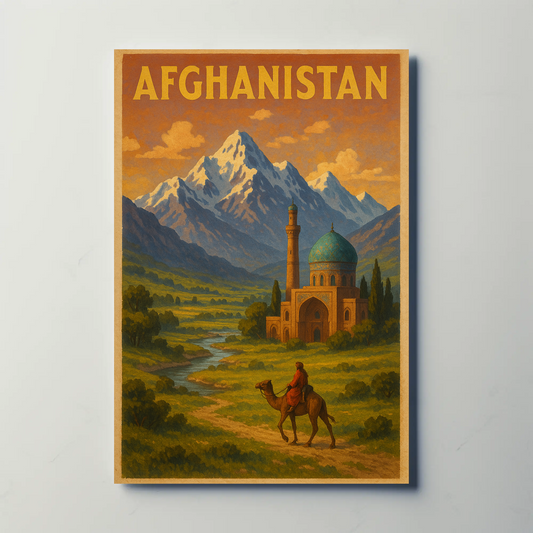 Afghanistan Mosque Rider Mountain Scene Vintage Travel Poster