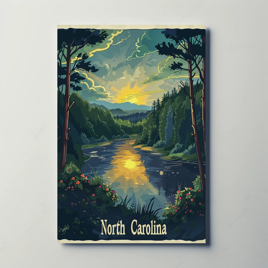 North Carolina Forest River Sunset Travel Poster