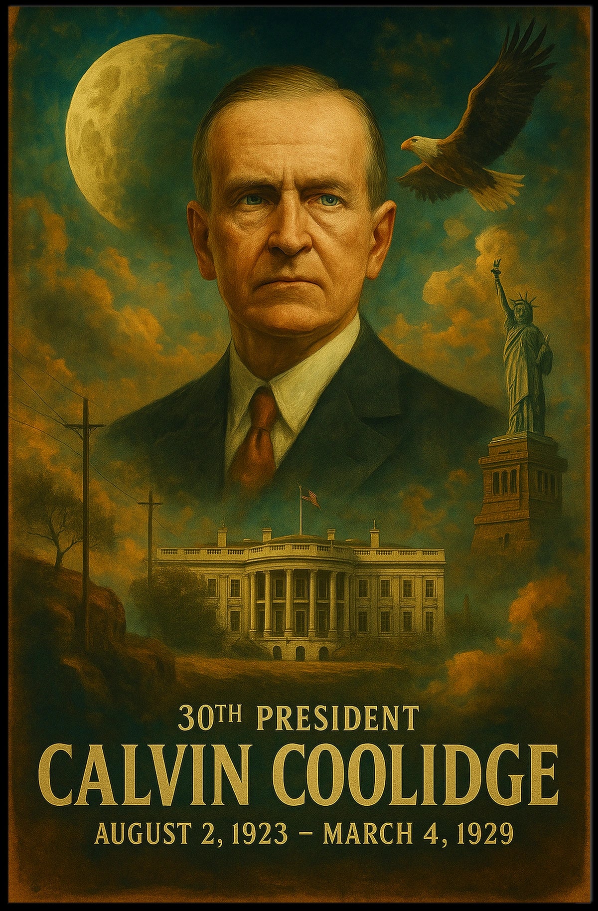 Calvin Coolidge 30th President Presidential Neoclassical Realism Vintage American Politics Icon Wall Art Poster