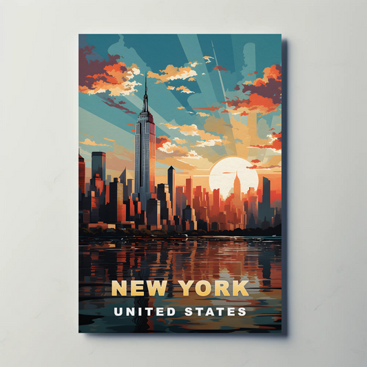 New York City Empire Sunset Reflection Vintage Travel Poster
