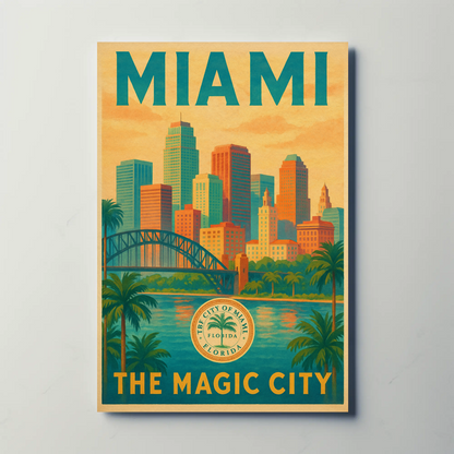 Miami Magic City Vintage Skyline Travel Poster