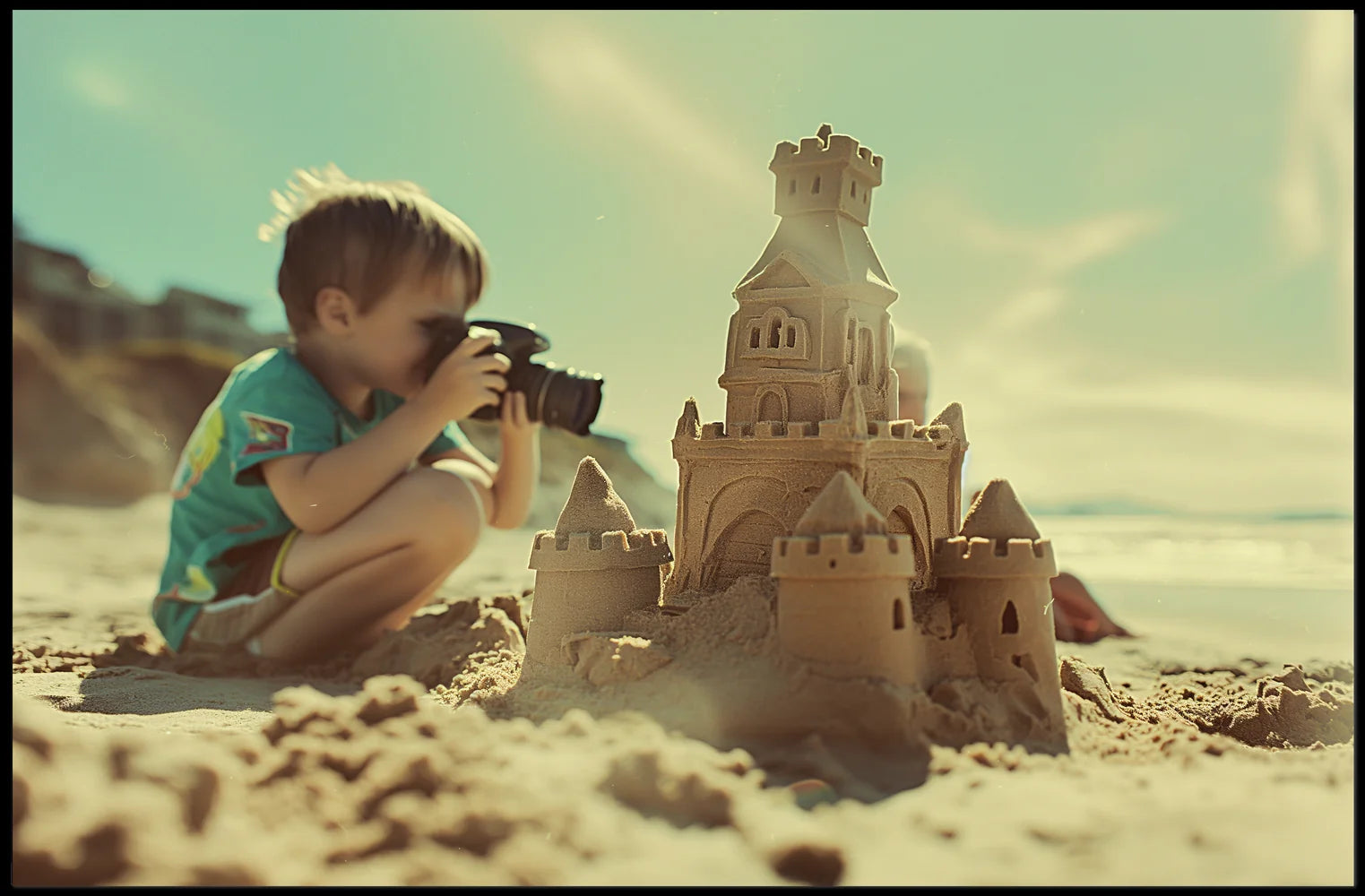 Nostalgic Beach Scene Sandcastle Photography Poster