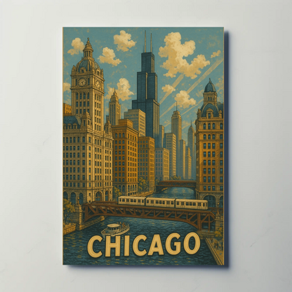 Chicago River Bridge Willis Tower Urban Travel Poster