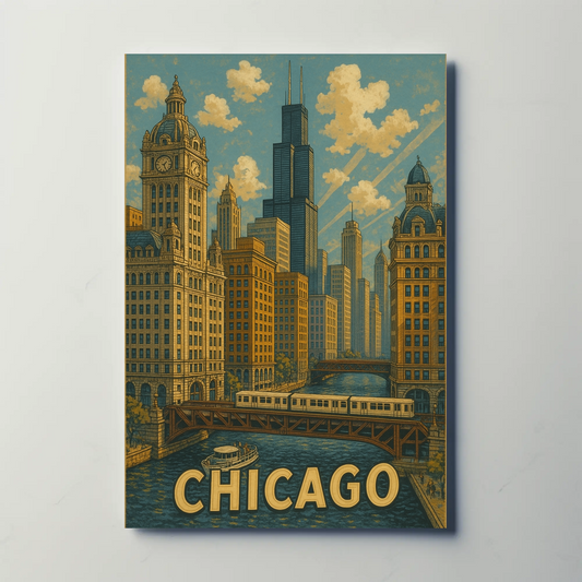 Chicago River Bridge Willis Tower Urban Travel Poster