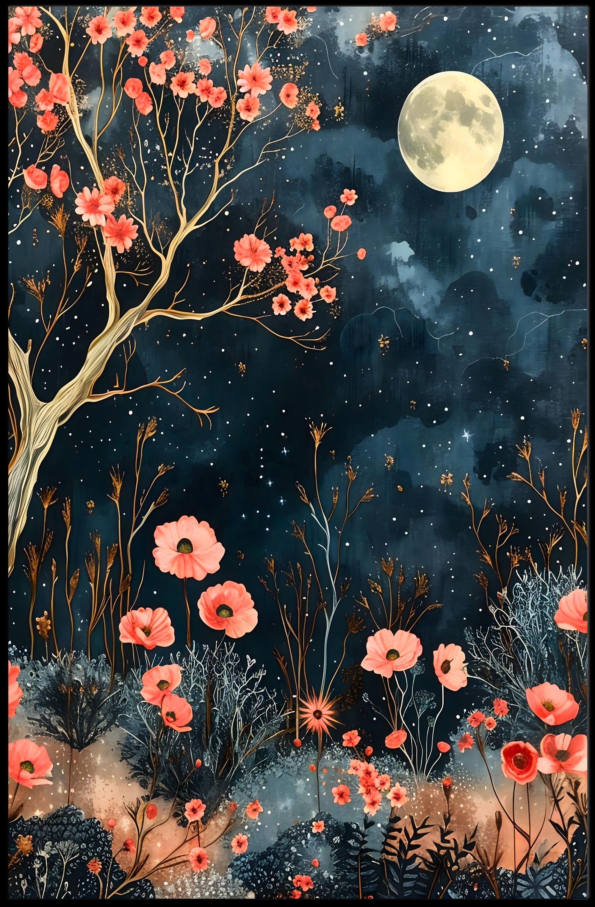 Dreamy Enchanted Garden Under Moonlit Sky Poster