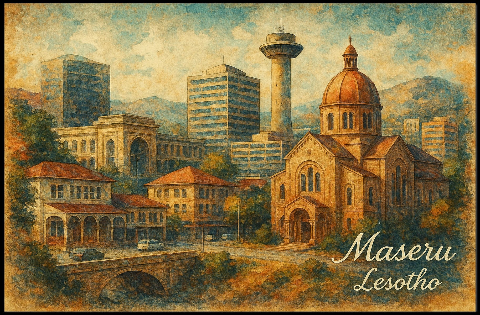 Maseru Cityscape Travel Inspired Digital Painting Poster
