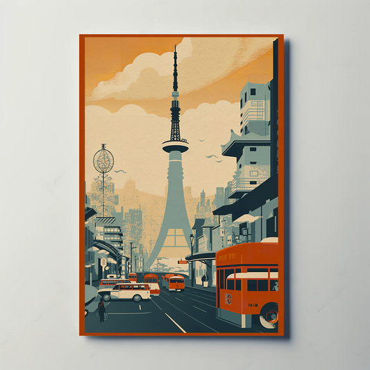 Tokyo Cityscape Retro Street Tower Vintage Travel Poster