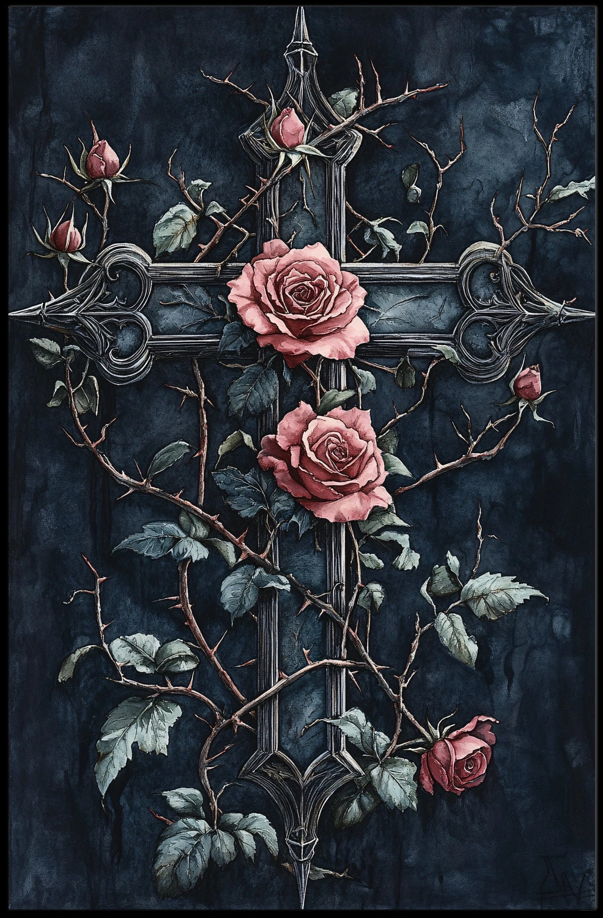 Stylized Gothic Cross and Roses Art Print Poster