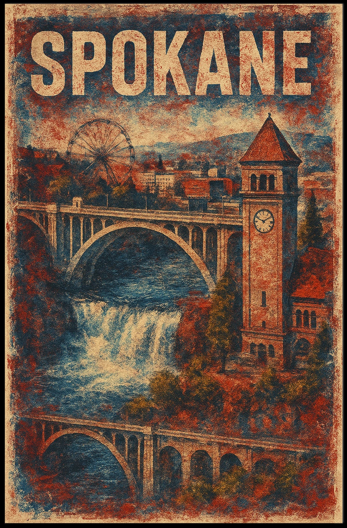 Vintage Spokane Clock Tower Steampunk Collectors Poster