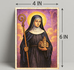 Saintly Figure with Church Model Poster PosterGoat