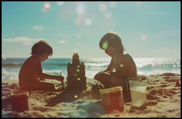 Serene Beach Scene: Children Building Sandcastle Poster