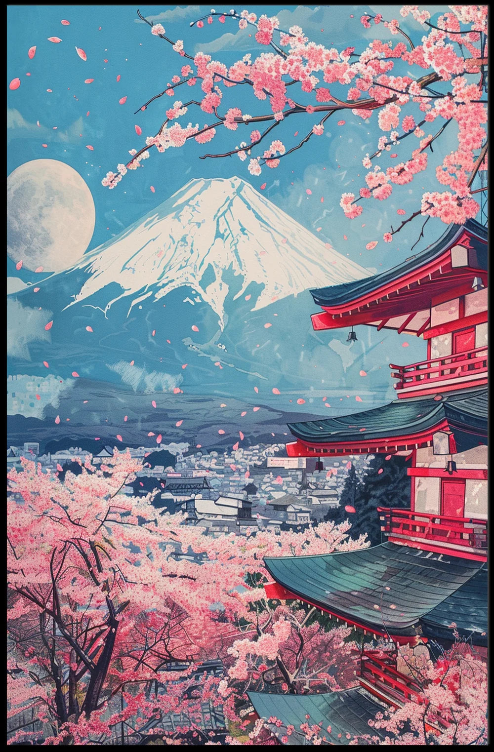 Mount Fuji Cherry Blossom Pagoda Art Print