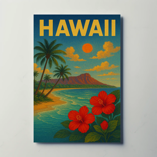Hawaii Sunset Coastline Hibiscus Beach Travel Poster