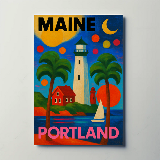 Maine Portland Lighthouse Sailboats Palms Vintage Travel Poster