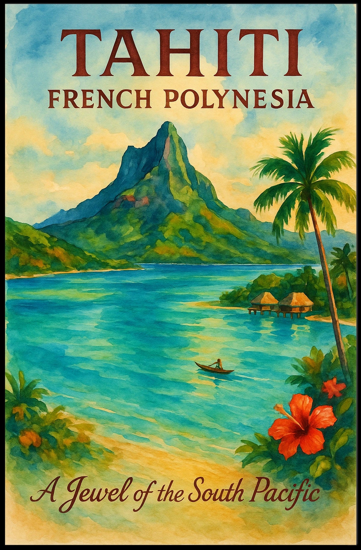 Tahiti Vintage Paradise Poster: Tropical Island Art Print