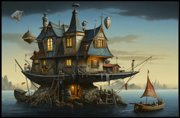Whimsical Houseboat at Dusk in Fantasy Poster
