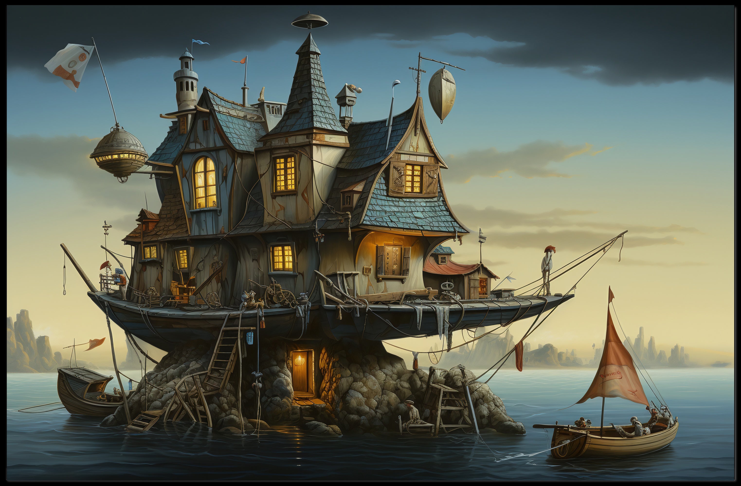Whimsical Houseboat at Dusk in Fantasy Poster
