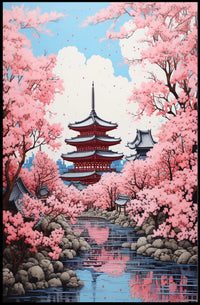 Japanese Pagoda with Cherry Blossoms Cultural Poster