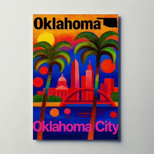 Oklahoma City Vibrant Skyline Palm Trees Artistic Travel Poster