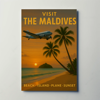 Visit Maldives Island Paradise Sunset Plane Travel Poster