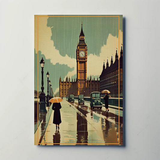 Rainy Day Big Ben London Umbrella Scene Travel Poster