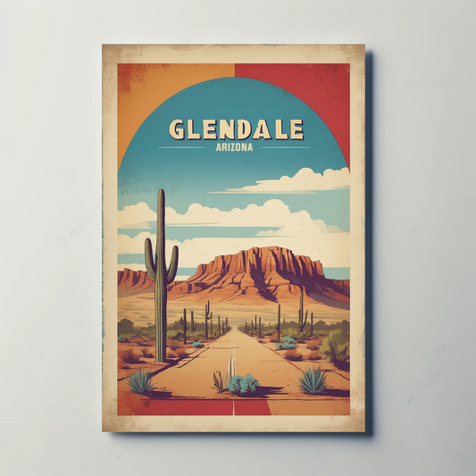 Glendale Arizona Cactus Roadscape Mesa Vintage Travel Poster