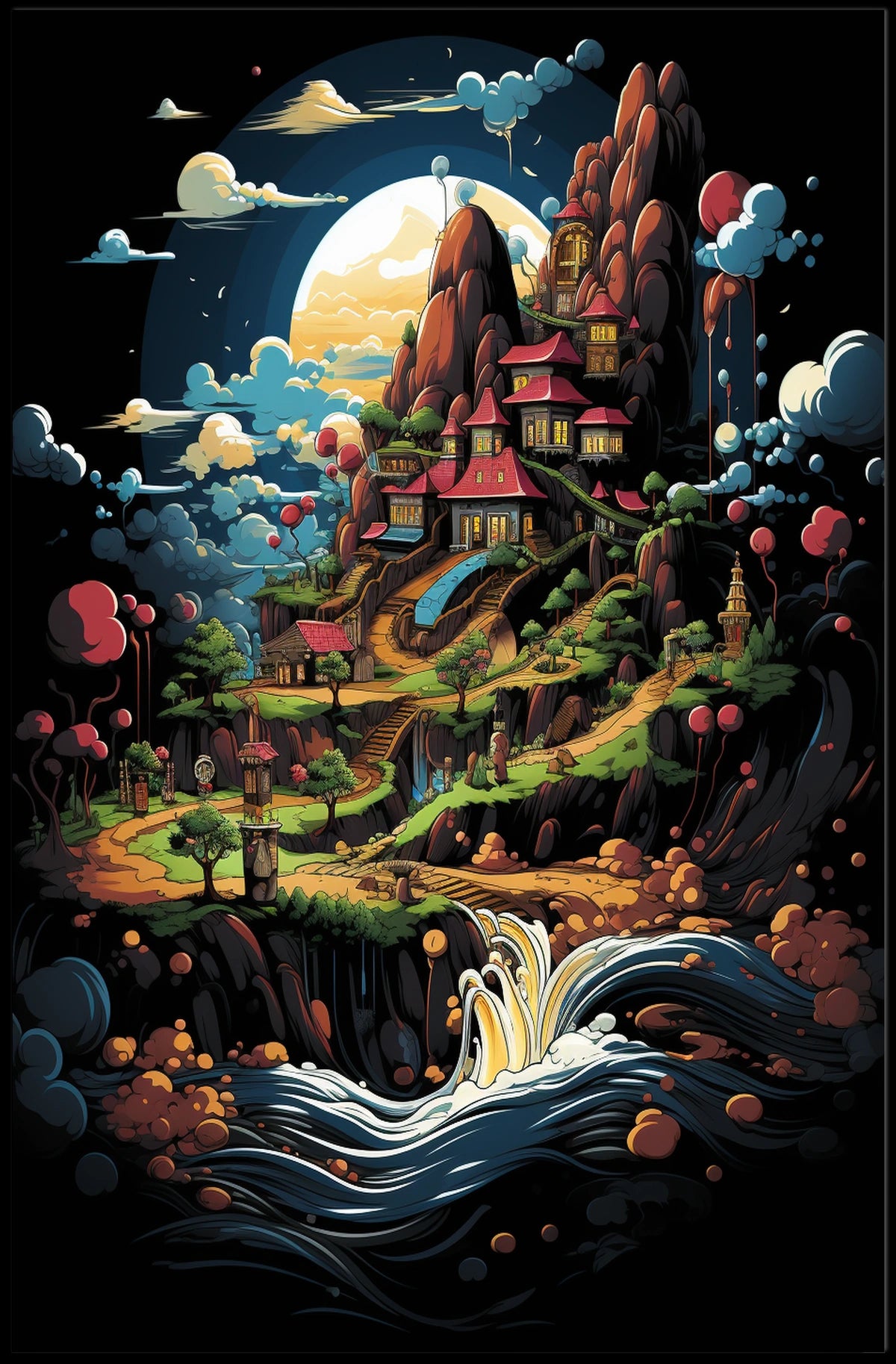 Whimsical Village Fantasy Landscape Art Poster