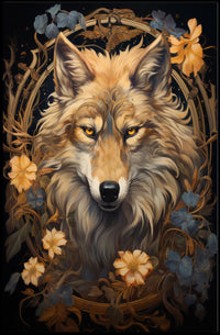 Majestic Wolf In Floral Frame Poster PosterGoat