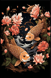 Koi Fish and Peony Japanese Art Poster