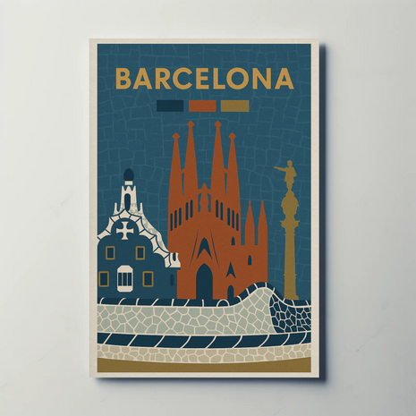 Barcelona Iconic Landmarks Vintage Travel Poster