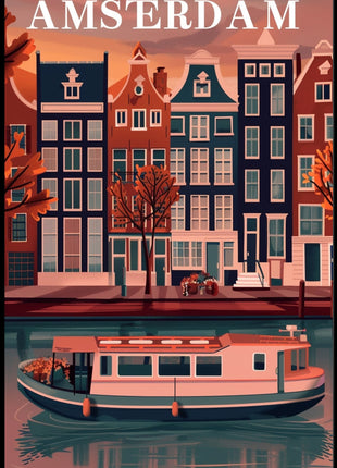 Amsterdam Canal Houses: Warm Scenic Travel Poster
