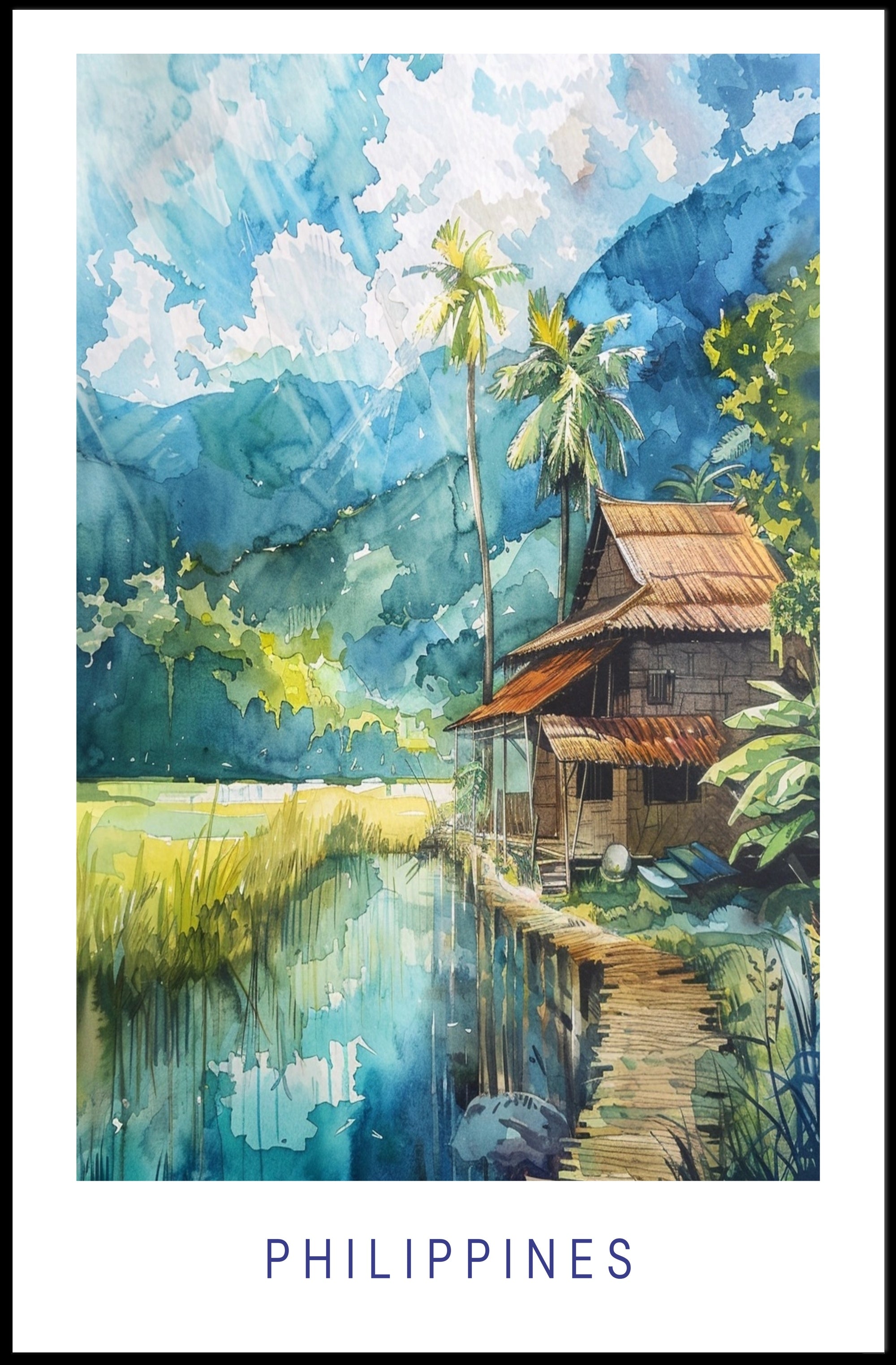Serene Philippine Scene Watercolor Artistic Poster PosterGoat