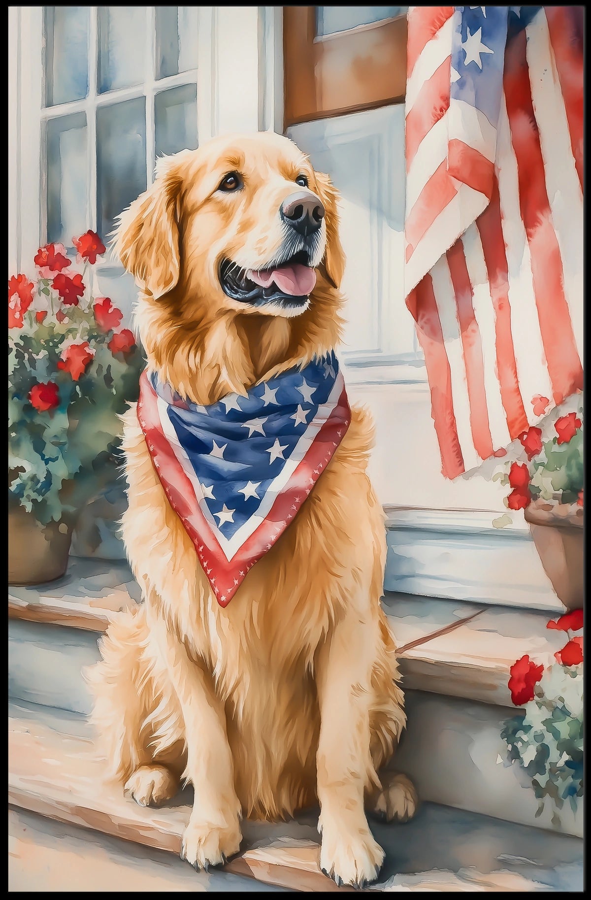 Golden Retriever On Front Porch Patriotic Bandana Poster