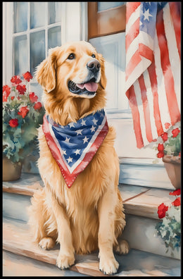 Golden Retriever On Front Porch Patriotic Bandana Poster