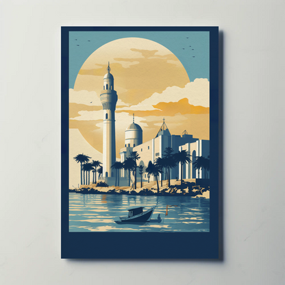 Mosque And Minaret Coastal Scene Vintage Travel Poster