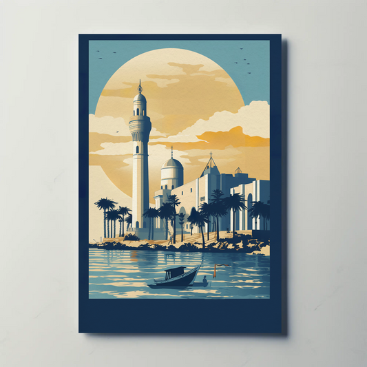 Mosque And Minaret Coastal Scene Vintage Travel Poster