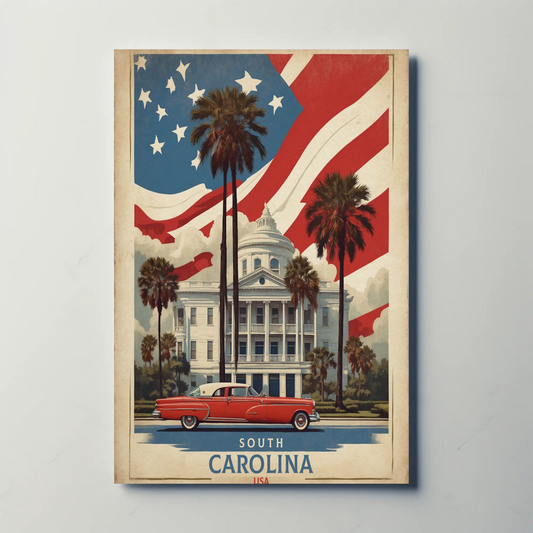 South Carolina Capitol Palmetto Flag Car Vintage Travel Poster