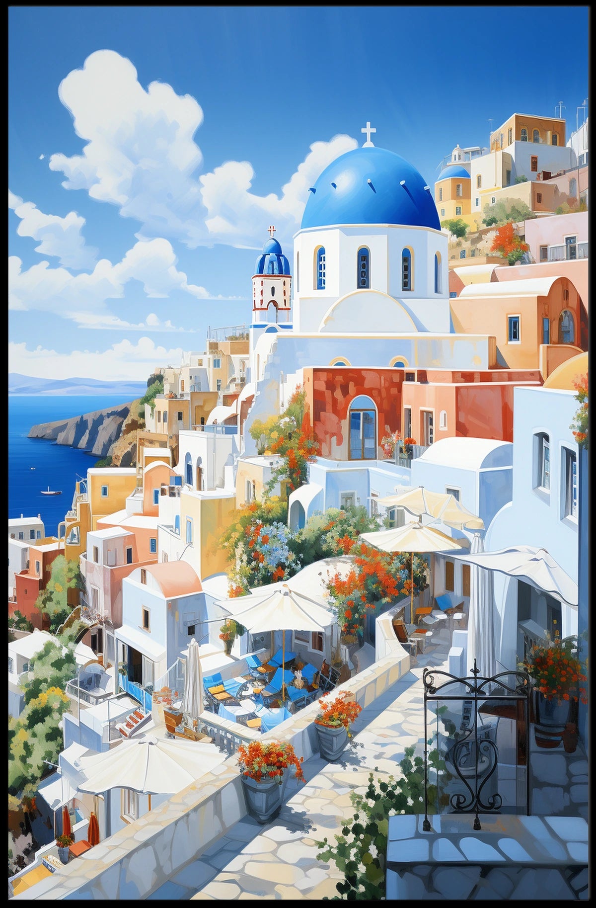 Santorini White and Blue Coastal Scene Travel Poster