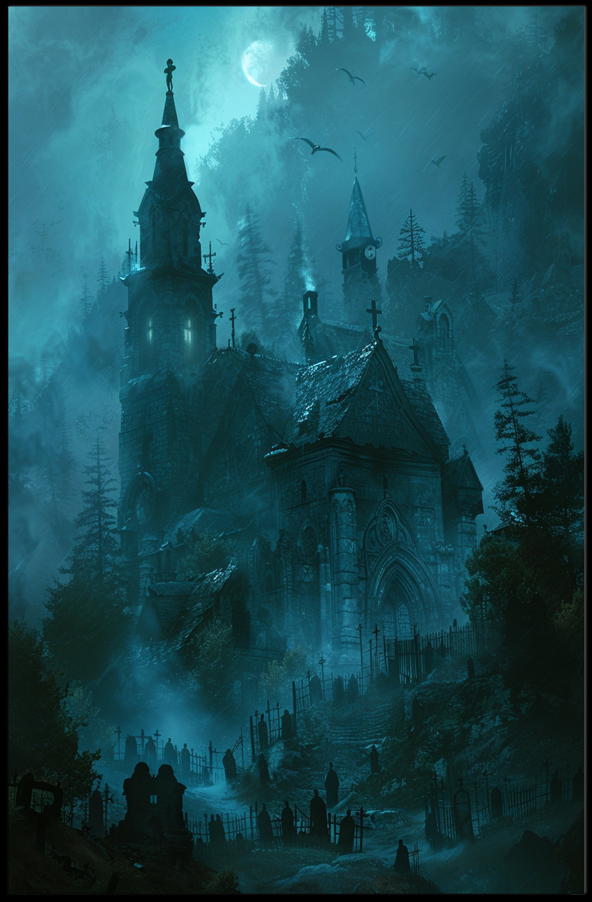 Gothic Church and Graveyard Eerie Landscape Poster PosterGoat