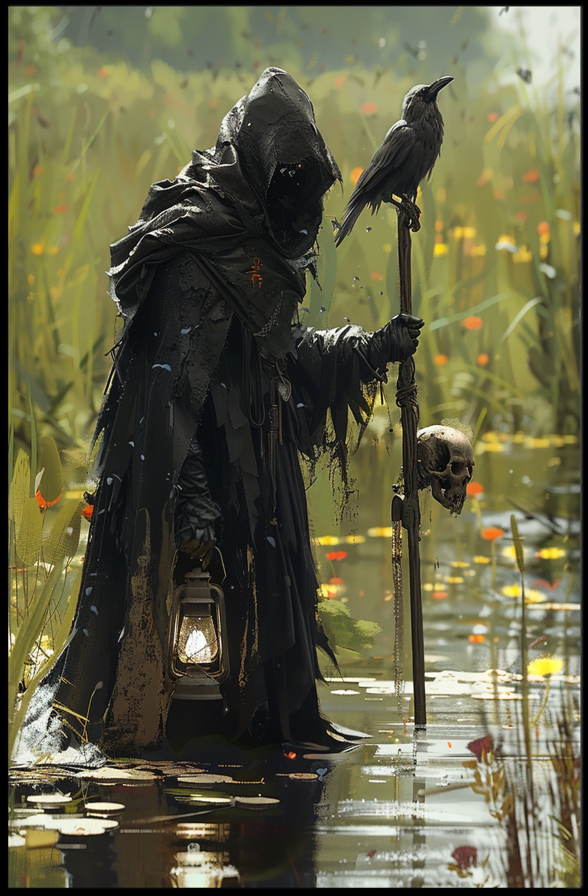Mysterious Cloaked Figure in Fantasy Marshland Fantasy or Mythology Poster PosterGoat