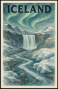 Icelandic Waterfall with Aurora Borealis Travel Poster